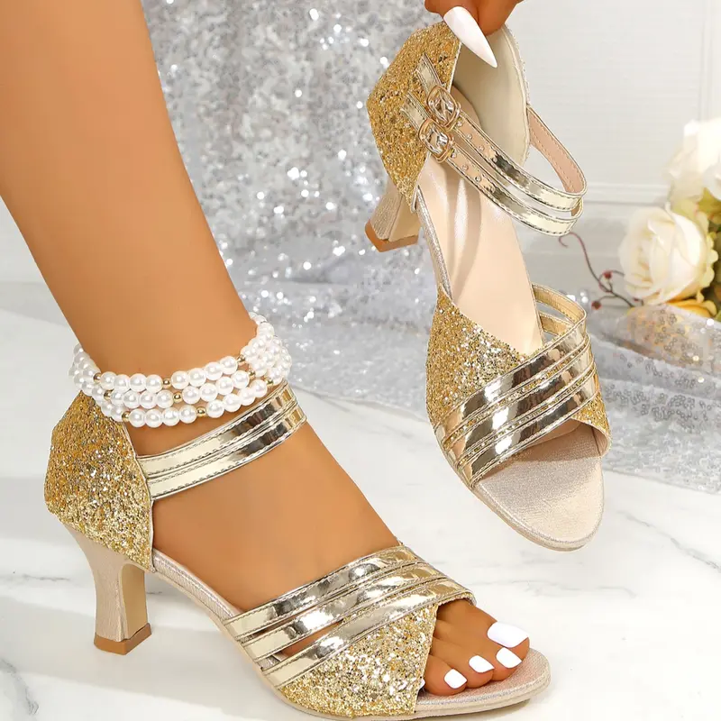 Women's Sequins Toe-Open High Heels, Sparkling Buckle Strap Glitter Dress Sandals, Multi-Band Chunky Sole Shoes for Parties and Weddings, Party Footwear, Fashionable Footwear