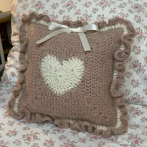 Dusty Rose Crochet Heart-shape Pillow with Bow Detail - Soft and Cozy Decorative Cushion for Home