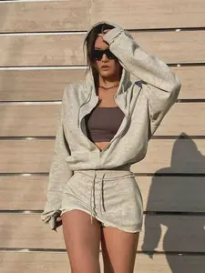 Women's Two-Piece Hooded Sweatshirt Set, Fitted Drawstring Zipper Long Sleeve Top, Elastic Waist Short Skirt Pants, Casual Everyday Fall