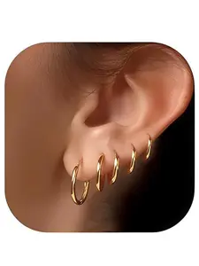 5Pairs Stainless Steel Hoop Earrings Set for Women Men Gold Silver Small Huggie Hoop Earrings Hypoallergenic Cartilage Piercing Jewelry Multi-size