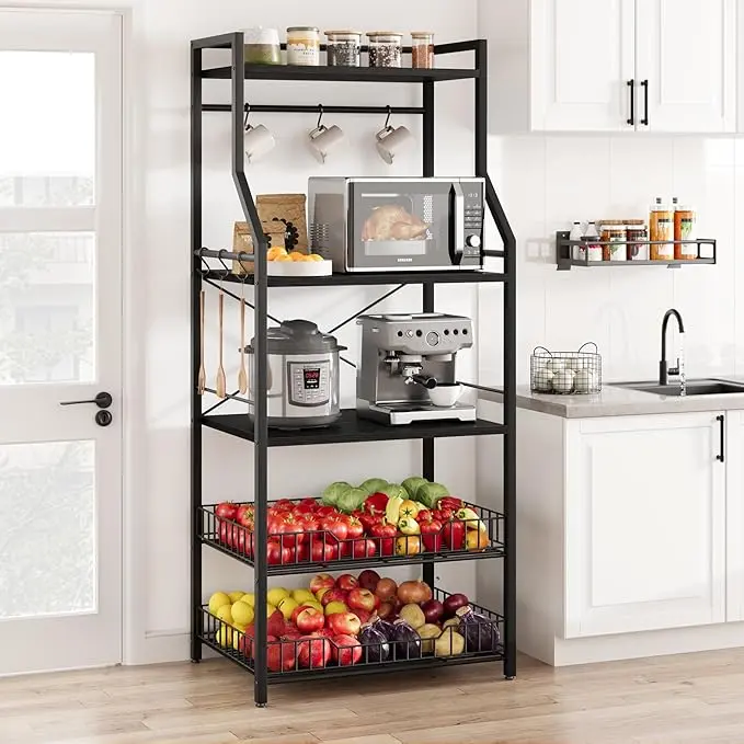 Kitchen Bakers Rack,Microwave Oven Stand with 2 Large Wire Basket, Industrial Coffee Bar Station, 5-Tier Kitchen Utility Storage Shelf with 8 Hooks for Spice, Pots Organizer