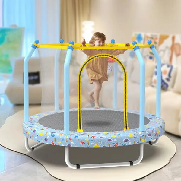 55-Inch Kids Trampoline with Basketball Hoop, Double Zipper Safety Net, Foam Padding for Indoor & Outdoor Toddler Use