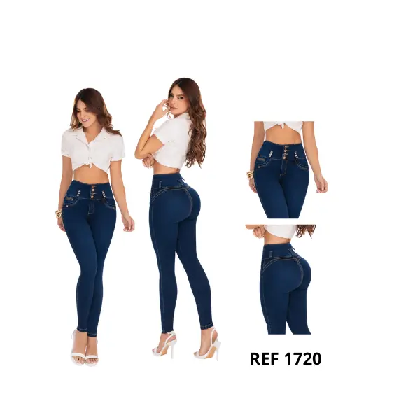 Women's Original Colombian Fabric High Waist 4-Button Push-Up Effect Skinny Jeans - Tummy Control, Fitted Cut, Sexy Look, Shimmer Denim, Curves-Accentuating Silhouette