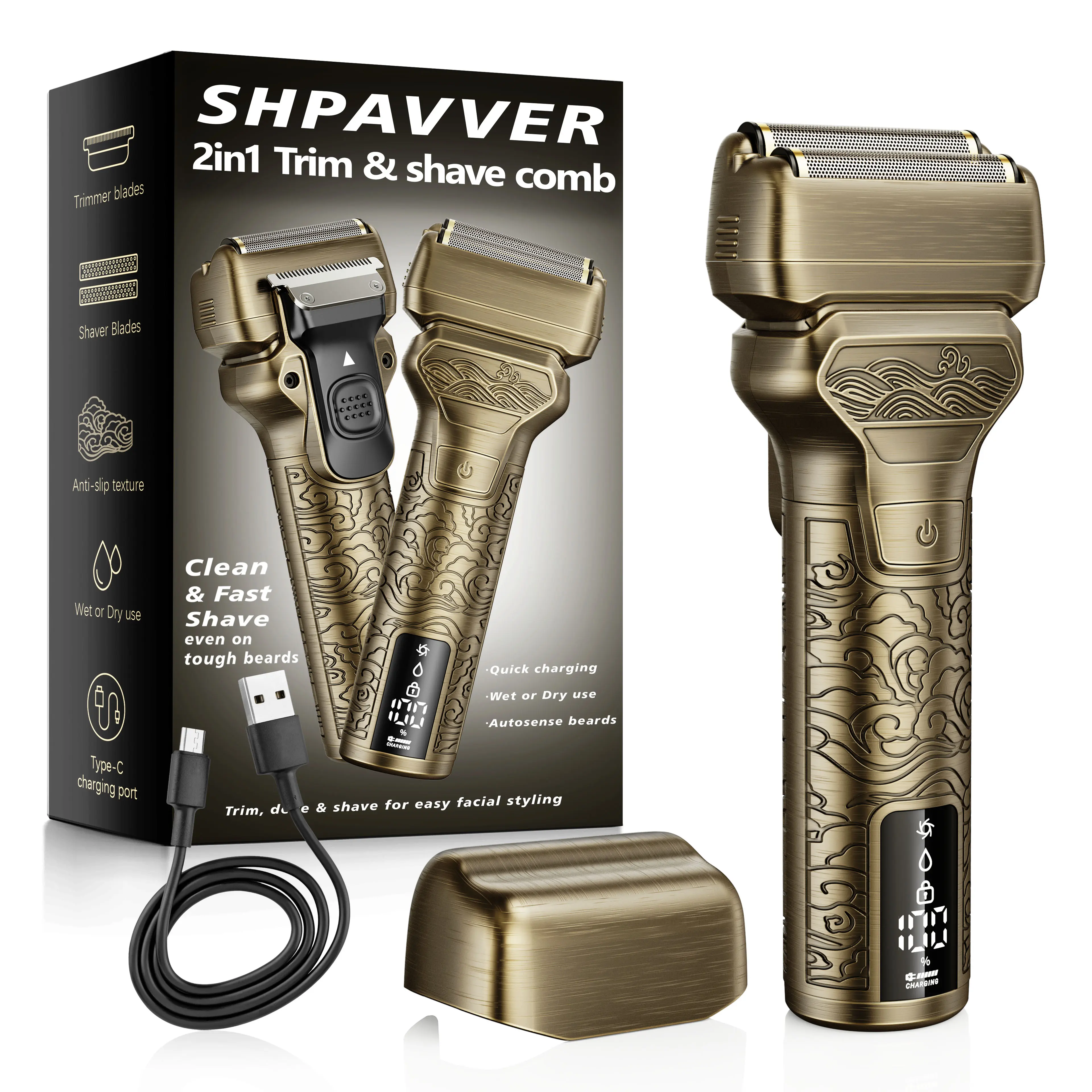 [Summer Finds]SHPAVVER Gladiator Shaver 2 in 1 Electric Shaver & Trimmer for Men – Dual Blade Foil Razor for Wet & Dry Use IPX7 Waterproof Beard Trimmer with LED Display/Metal Handle/Travel Lock/Fast Charging,