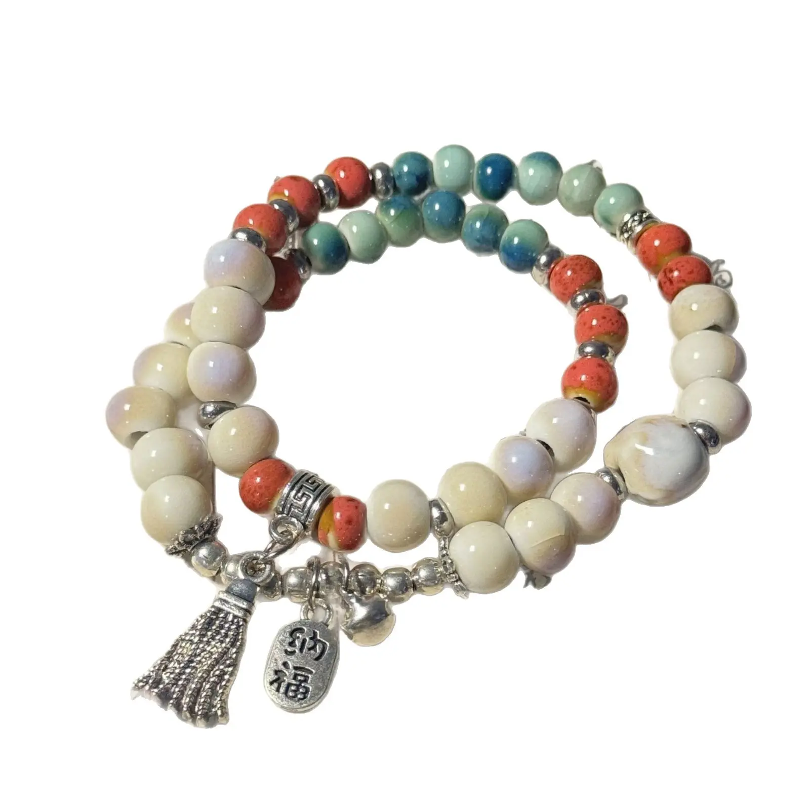 Handmade Ceramic Double-Band Cloud Mountain Meditation Beaded Bracelet - Adjustable, Colorful Bracelet, Unisex Handmade Stacking Bangles, Cultural Pottery Collectible, Bohemian Accessory, Beads, Pendant for Chain