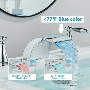 Contemporary LED Waterfall Bathroom Sink Faucet - Temperature-Sensitive Color-Changing, Water-Saving, 2-Handle 3-Hole 8-Inch Basin Mixer Tap with Ceramic Valve Core, Chrome Finish, 304 Stainless Steel and Brass Construction, Wide-Spread Mount,