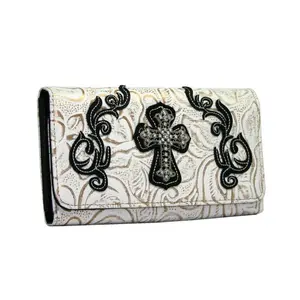 RITZ Men's Western Rhinestone Bling Trifold Wallet - White with Black Trim, Money Organizer, Rhinestone Accents, Credit Slots, Magnetic Snap