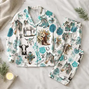 Women’s Western Cowgirl Pajama Set, Turquoise Boots & Horse Print Latin PJs, Country Rodeo Short Sleeve Sleepwear, Farm Ranch Loungewear Gift for Her