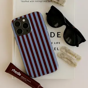 Midnight Lines Burgundy And Blue Striped Pattern Glossy Finish Aesthetic Shockproof Tough Phone Case Heavy Duty Hard Cover for iPhone 11 12 13 14 15 16 17 Pro Max Plus