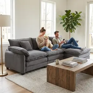 L-shaped 3-seater sofa, a plush living room sofa. The corduroy fabric features a vertical stripe pattern that exudes a relaxed, vintage vibe. It is durable and wrinkle-resistant.