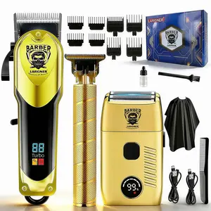 Professional Men's Grooming Set 3-In-1, High-Power Electric Trimmer, T-Shaped Hair Clipper, Reciprocating Razor, LED Display, USB Charging, Gold Edition