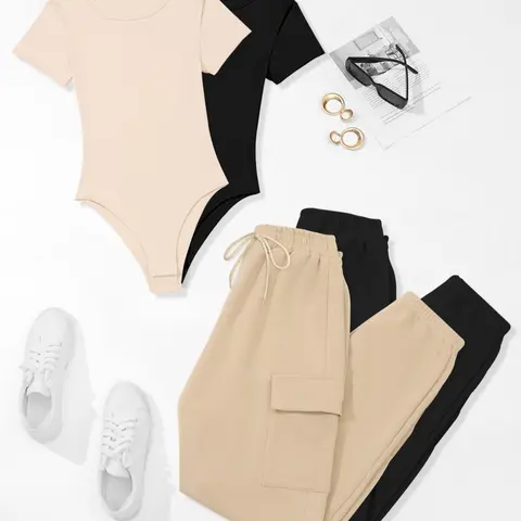Women's Solid Pocket Pants Set, Casual Short Sleeve Bodysuit & Adjustable Drawstring Waist Cargo Pants Set, Summer Clothes for Outdoor Holiday Daily