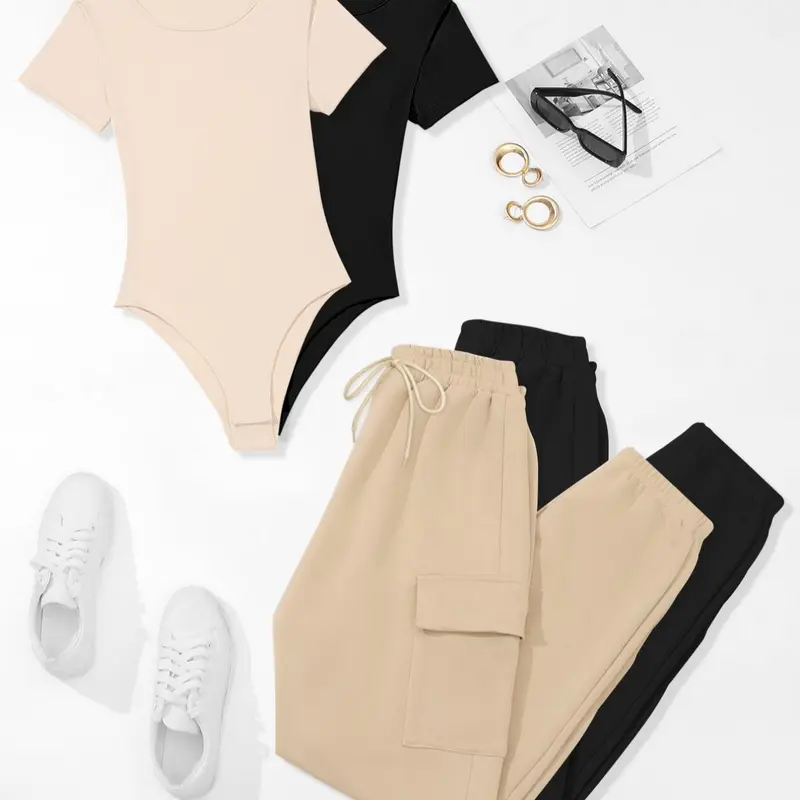 Women's Solid Pocket Pants Set, Casual Short Sleeve Bodysuit & Adjustable Drawstring Waist Cargo Pants Set, Summer Clothes for Outdoor Holiday Daily
