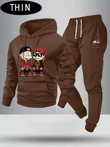 Men's spring and autumn lightweight cartoon character pattern print hoodie and sweatpants set, stylish casual men's clothing with pockets, street sports elastic waist drawstring long pants two-piece set, perfect gift for men
