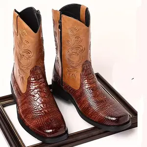 Plus Size Men's Comfy Vintage High Top Western Style Cowboy Boots with Non Slip Durable Rubber Sole and Side Zipper Riding Shoes Fathersdaygift Footwear