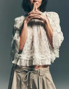 Women Sheer Poncho Tops Oversized Batwing Sleeve Blouse Contrast Lace See Through Mesh Cover Up Ruffle Flowy Boho Shirt,Women's Lace Ruffle Sleeve Shrug