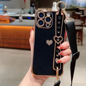 Fashion Crossbody Strap Heart Wristband Electroplated Phone Case for iPhone 11 12 13 14 15 16 17 Pro Max Plus Air, Simple Mobile Protection Cover