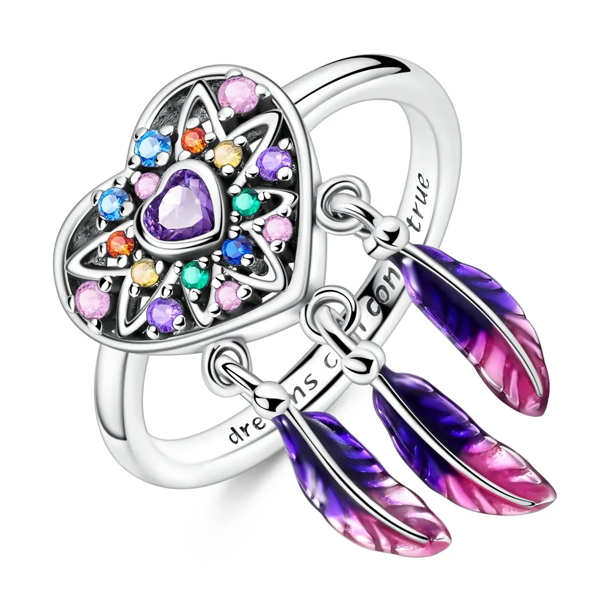 MULA Dreamcatcher Heart Ring | S925 silver-plated, Zircon and Enamel | Colorful Feathers and Heart Design | Dreams Come True | The Perfect Gift for Dreamers, Jewelry For Women
