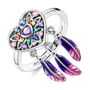 MULA Dreamcatcher Heart Ring | S925 Sterling Silver, Zircon and Enamel | Colorful Feathers and Heart Design | Dreams Come True | The Perfect Gift for Dreamers