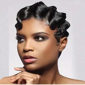 Finger Wave Wig Pixie Cut Wig Gluless Wig Short Vintage Wave Wig Short Curly Wig Human Hair Wig Ready To Wear For Black Woman