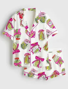 Women's Silky Satin Pajama Set, Pickle Print 2-Piece Comfy Loungewear with Adjustable Drawstring and Pockets