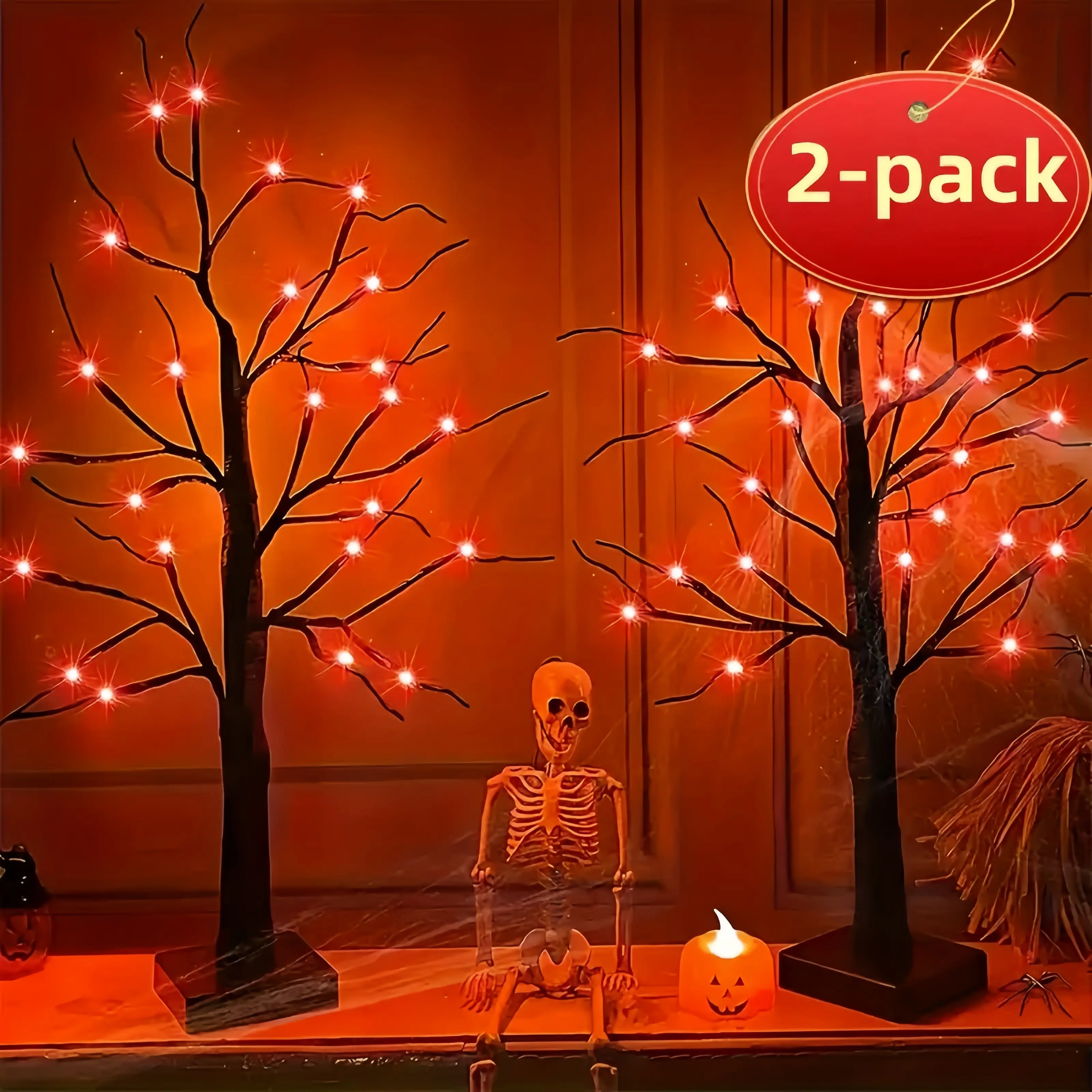2 Piece Halloween Tree Lights, 24 Inch Orange and Purple Lighted Decorations, 24 LED Lights, Battery Operated, Tabletop Artificial Black Scary Tree Halloween Decorations Suitable for Indoor Home, Haunted House Decorations festive light