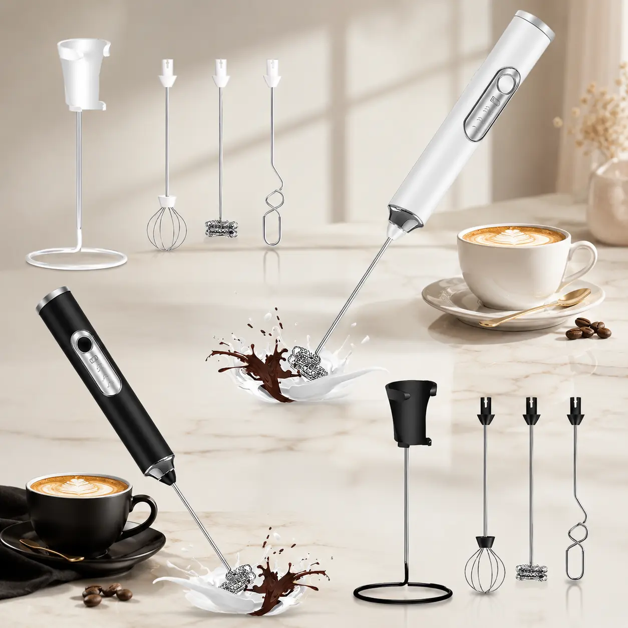 Rechargeable Handheld Electric Milk Frother - Cordless Milk Frother Wand with 3-Speed Foam Making, 4 Interchangeable Detachable Stainless Steel Whisk Heads, Storage Stand, Compact Home Coffee Tool for Latte, Cappuccino