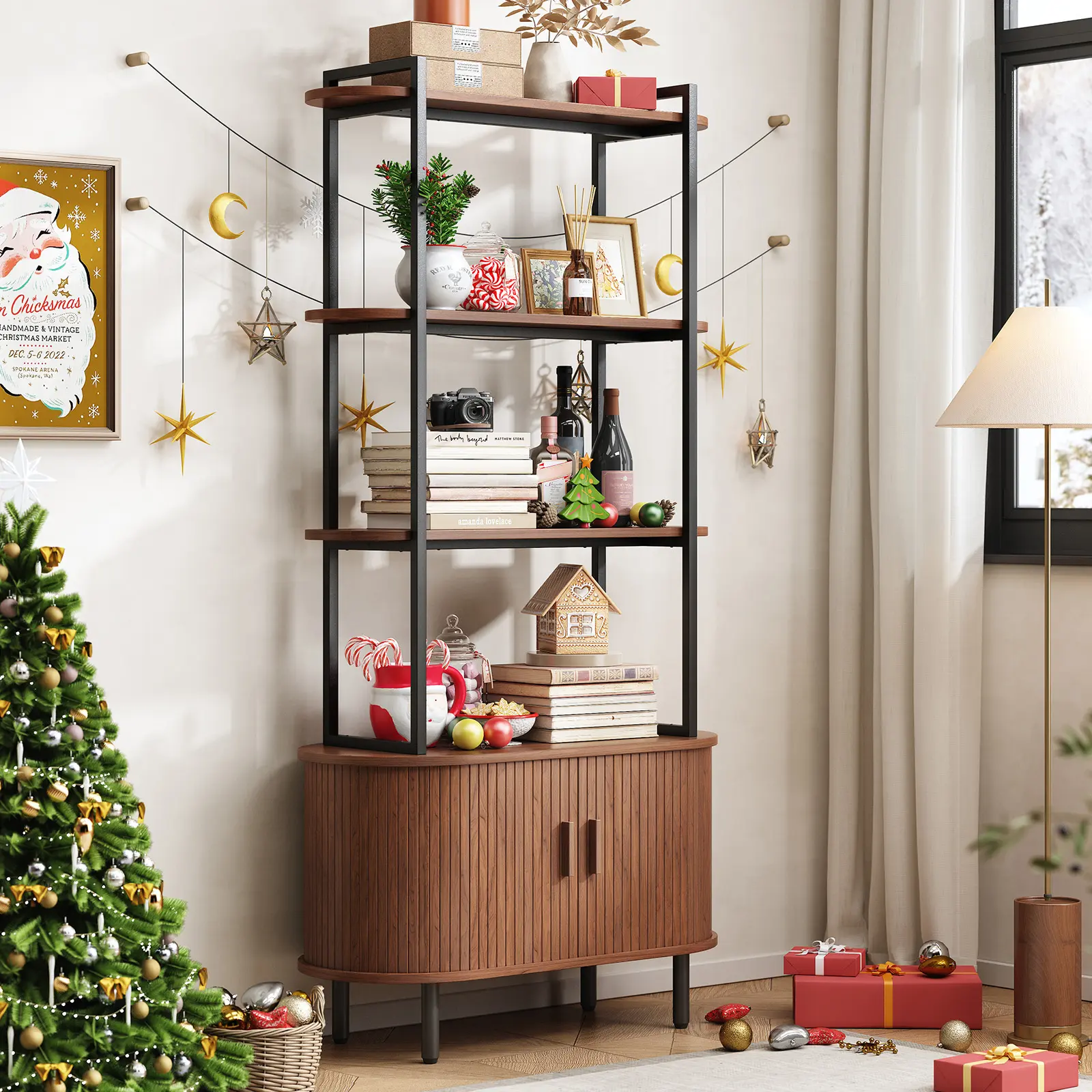 ONBRILL 71" Tall 4-Tier Bookshelf with Storage Cabinet, Sliding Door, Adjustable Footpad, 20 - 25 Kg Capacity, Freestanding Mid Century Modern Furniture Organizer for Living Room, Bedroom, Books