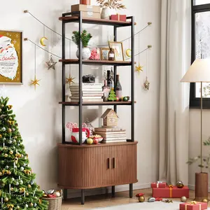 【DealsforYouDays】ONBRILL 71" Tall 4-Tier Bookshelf with Storage Cabinet, Sliding Door and Adjustable Footpad, Freestanding Storage Organizer, Indoor Furniture Shelves for Living Room, Bedroom
