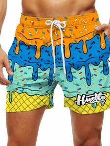 Men's Casual Beach Shorts with Vibrant Geometric Print, Adjustable Drawstring Waist, Lightweight Summer Poolside & Outdoor Activities, Swimming Shorts, Swim Trunks