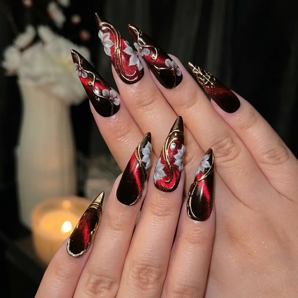 (MTO) BubbleNailArt Cherry Red Cat Eye 3D White Flower Long Stiletto/Almond Press On Nails Chrome Outline Handmade Reusable Nails Fashion Hand Accessories