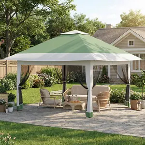Garvee 12x12 ft Pop Up Canopy Tent with One-Push Setup, Adjustable Height, Mosquito Netting, and 4 Sandbags for Stability, Ideal for Backyard Parties and BBQs, Available in Olive Green and Lake Blue