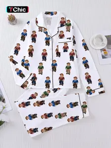 Women's Fall Winter Long Sleeve Sleepwear Pajamas Set, Cute Bear Print, Elegant Casual, Comfortable Collared Lapel Top & Wide Leg Pants, Holiday Party Sleepwear, Loungewear