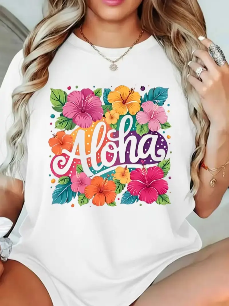 Aloha Tropical Hibiscus Flowers Graphic T Shirt Hawaiian Beach Summer Womens Casual Tee