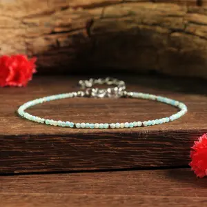 Natural Larimar Light Blue Stone 2mm Tiny Beads Crystal Healing Calming Crystal Dainty Sliver-Plated Chain Minimalist Bracelet Gift for Women