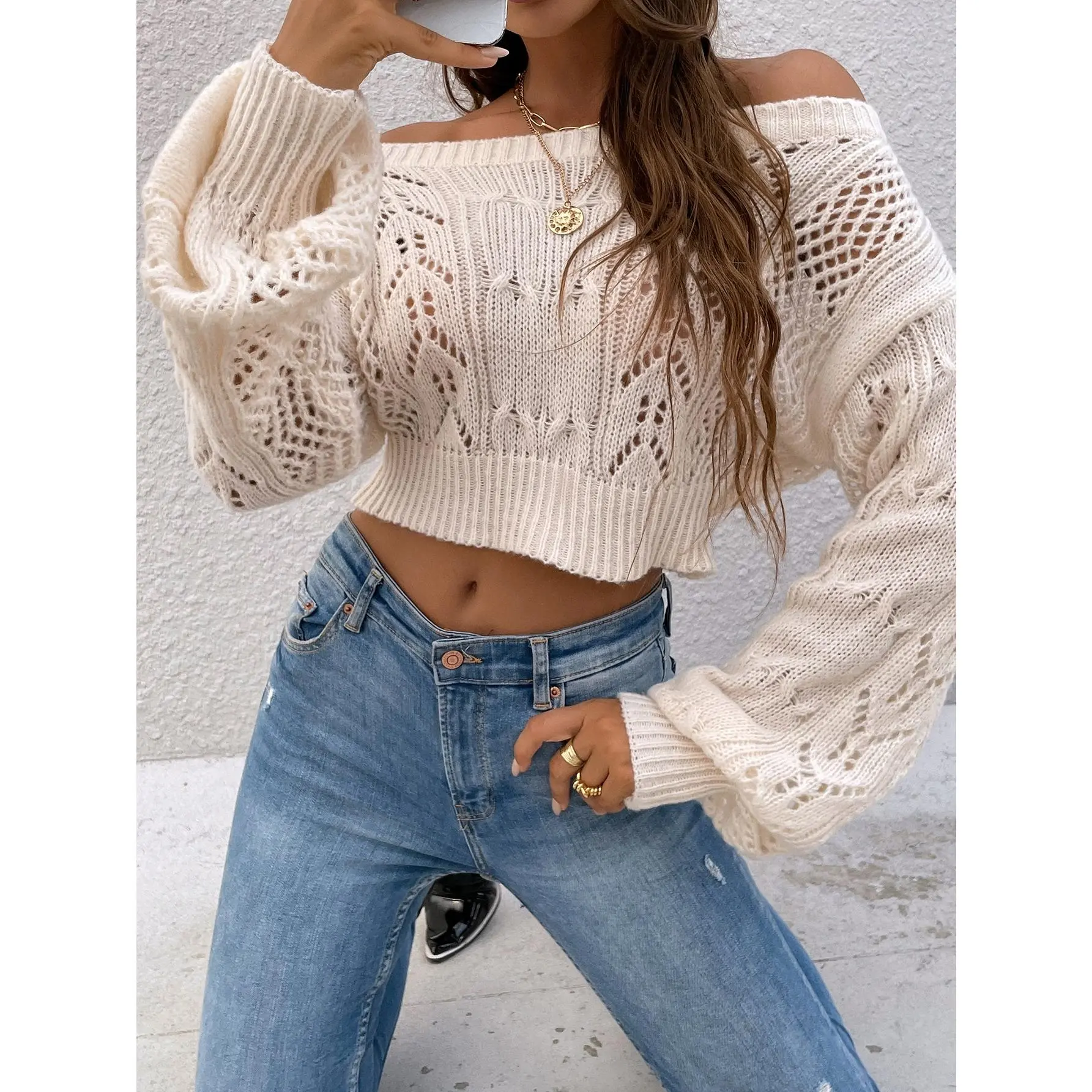 Off Shoulder Long Sleeve Hollow Out Sheer Knit Soft Crop Top Sweater