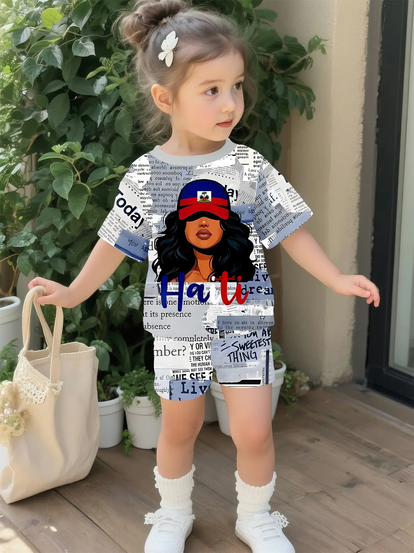Digital printed Haitian style short-sleeve toddler girls' set for trendy kids, 100% polyester, Cute Clothing Set, cute casual outfits for infant girls, suitable for daily wear and outdoor sports T-shirts, a perfect gift for babies