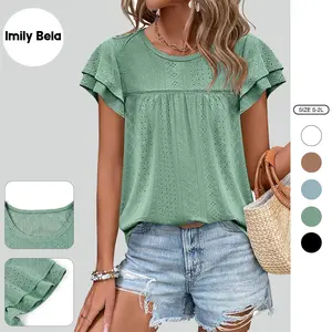 Imily Bela Womens Summer Tops Crewneck Eyelet Ruffle Sleeve Blouses Casual Babydoll Shirts