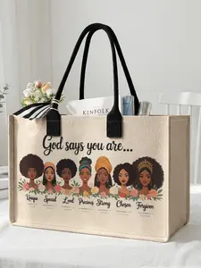 1 piece of black woman portrait 'God says you are' 2D printed large capacity storage bag, extra large storage bag, sturdy handle, space-saving multifunctional, suitable for use at school, on business trips, and shopping