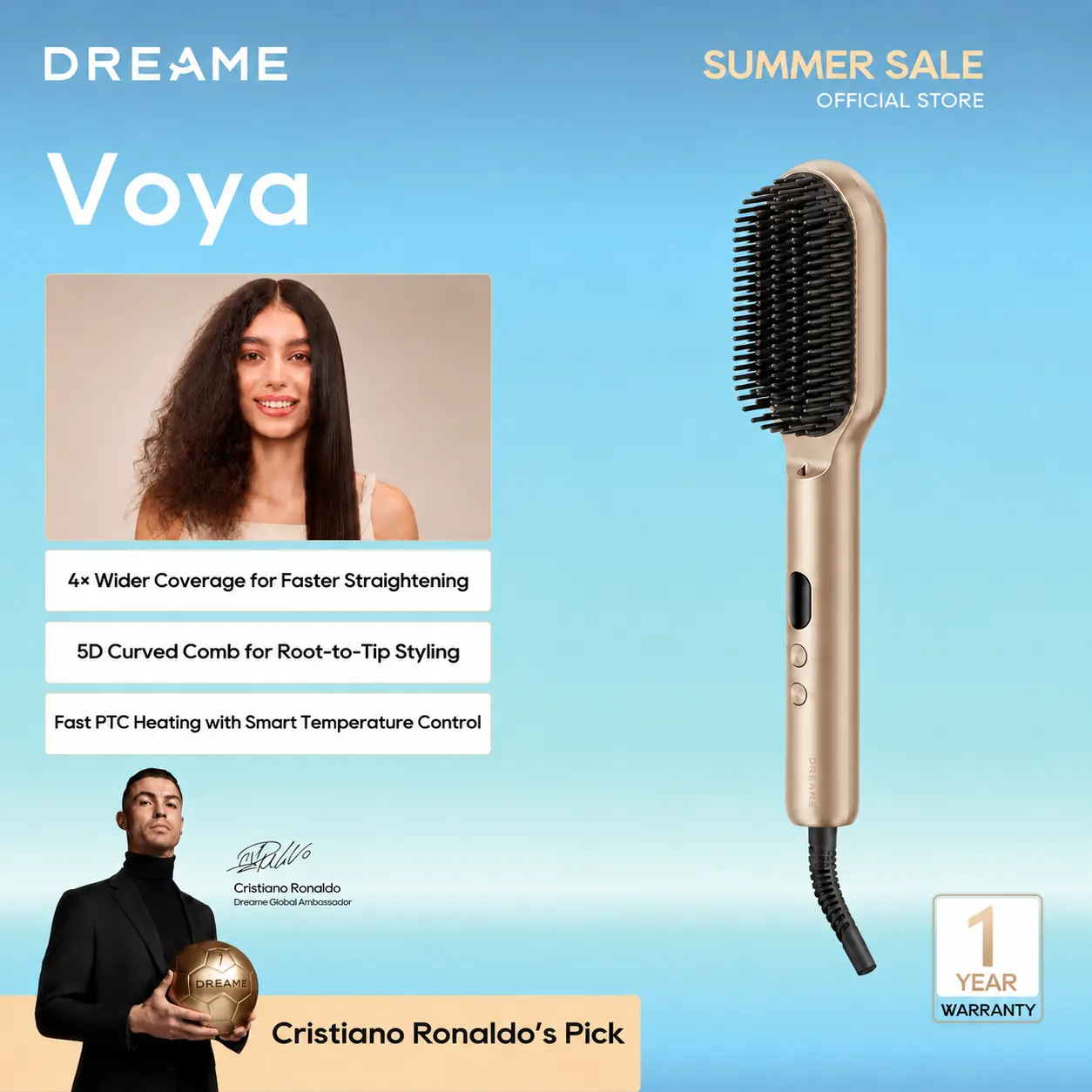 DREAME Voya Heated Straightening Brush, 4x Enhanced Coverage, 254 Multi- Layered Bristles, PTC Heating, NTC Sensor, Anti-Scald 5D Curved Comb, 200M Negative lons, 100-240V,back to school,back to school haul