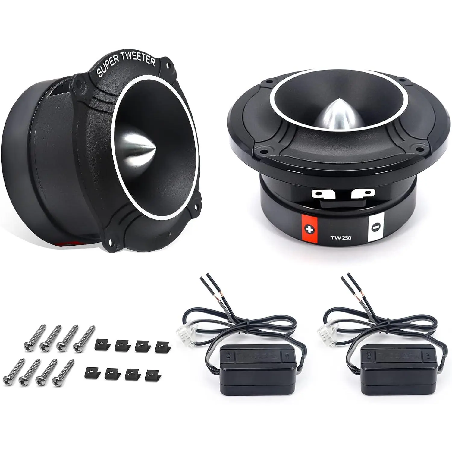 TW250 High Compression Car Bullet Super Tweeters, 1-Inch High Temperature Kapton Voice Coil, Aluminum Frame and Diaphragm, 400 Watts Max Pair 4 Ohms