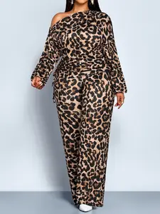 Plus Size Elegant Casual Leopard Print Two-Piece Set Womenswear for Women, High Waist Long Pants and Slanted Shoulder Top, All Seasons Fashion Sleeves