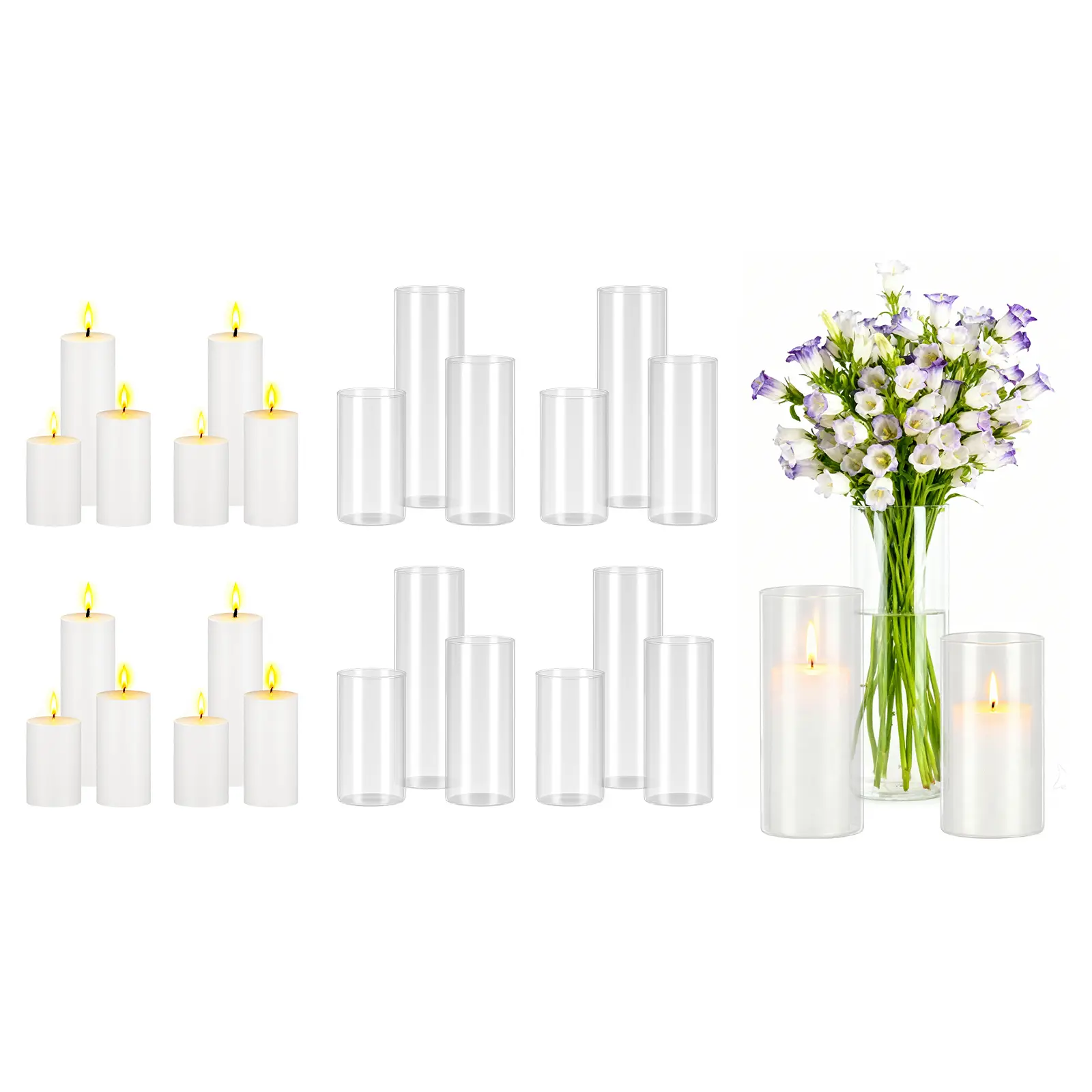 【SummerFinds】VEVOR Pillar Candles and Glass Vases Set 24 Pcs, Clear Cylinder Hurricane Candle Holders for Wedding Centerpieces, Tall Vase for Table Decor, Wedding Party, Thanksgiving,White (2.56" x 4.7",5.9",7.9")