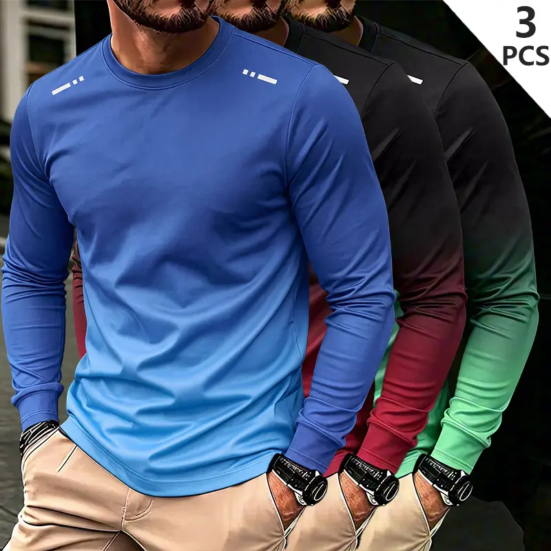 Men’s gradient dry sports fitness T-shirt, moisture-wicking crew neck running top, lightweight breathable loose long-sleeve training shirt for gym strength training, outdoor running, jogging, cycling, hiking, everyday sports and casual wear.
