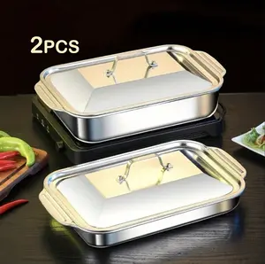 2 Sets of Stainless Steel Baking Pans with Lids-Non-stickrectangular roasting pan, versatile dessert baking dishdouble-handled grill rack, seafood tray, all-in-one BBQserving platter suitable for buffets. Features dual-handledesign.