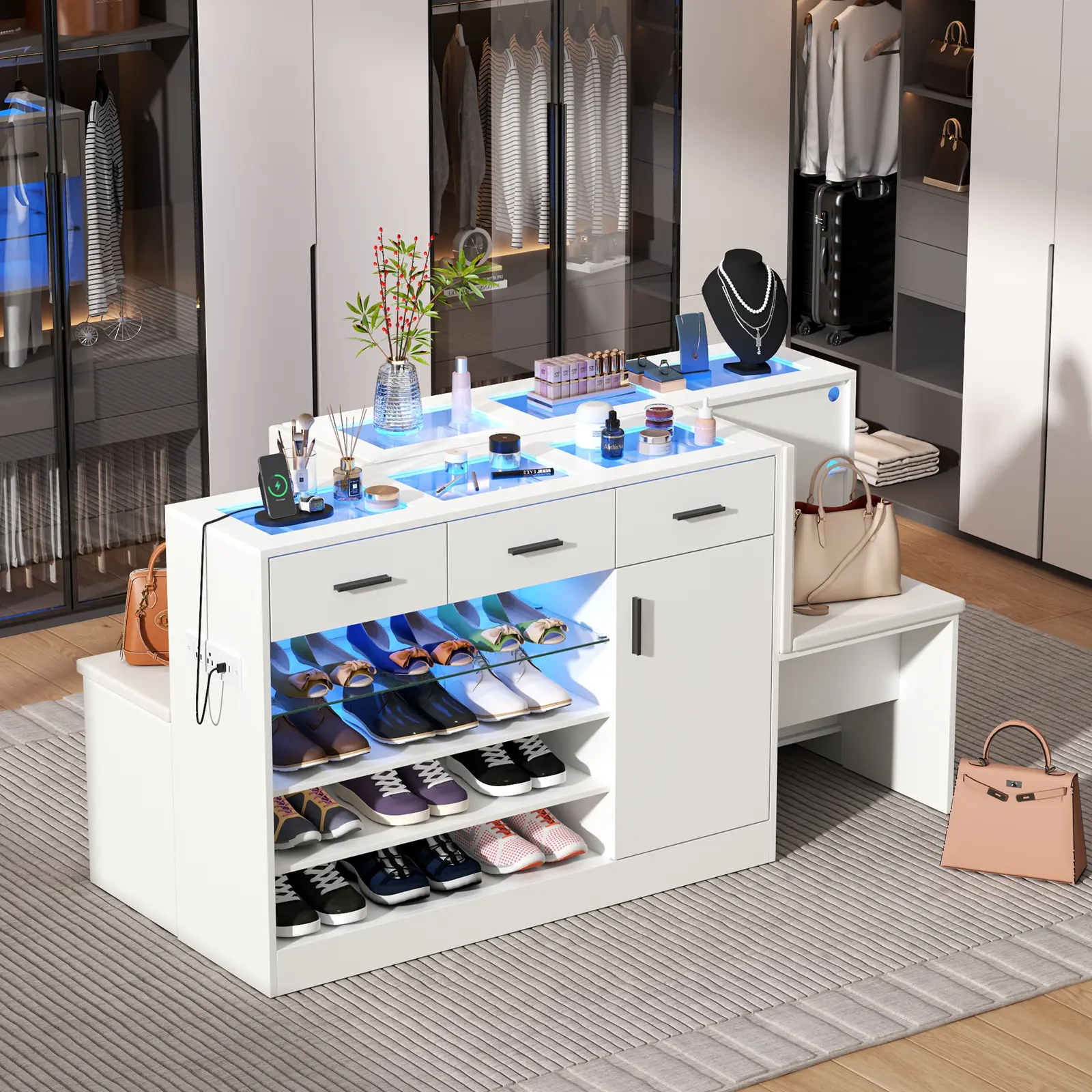 Loomie Wardrobe Armoire Closet with Charging & LED Light,Walk-in Closet Island Dresser with Glass Showcase,3 Drawers & Doors, Modern Storage Display Cabinet Bedroom Furniture, Apartment Furniture Cupboard Closet Organizer