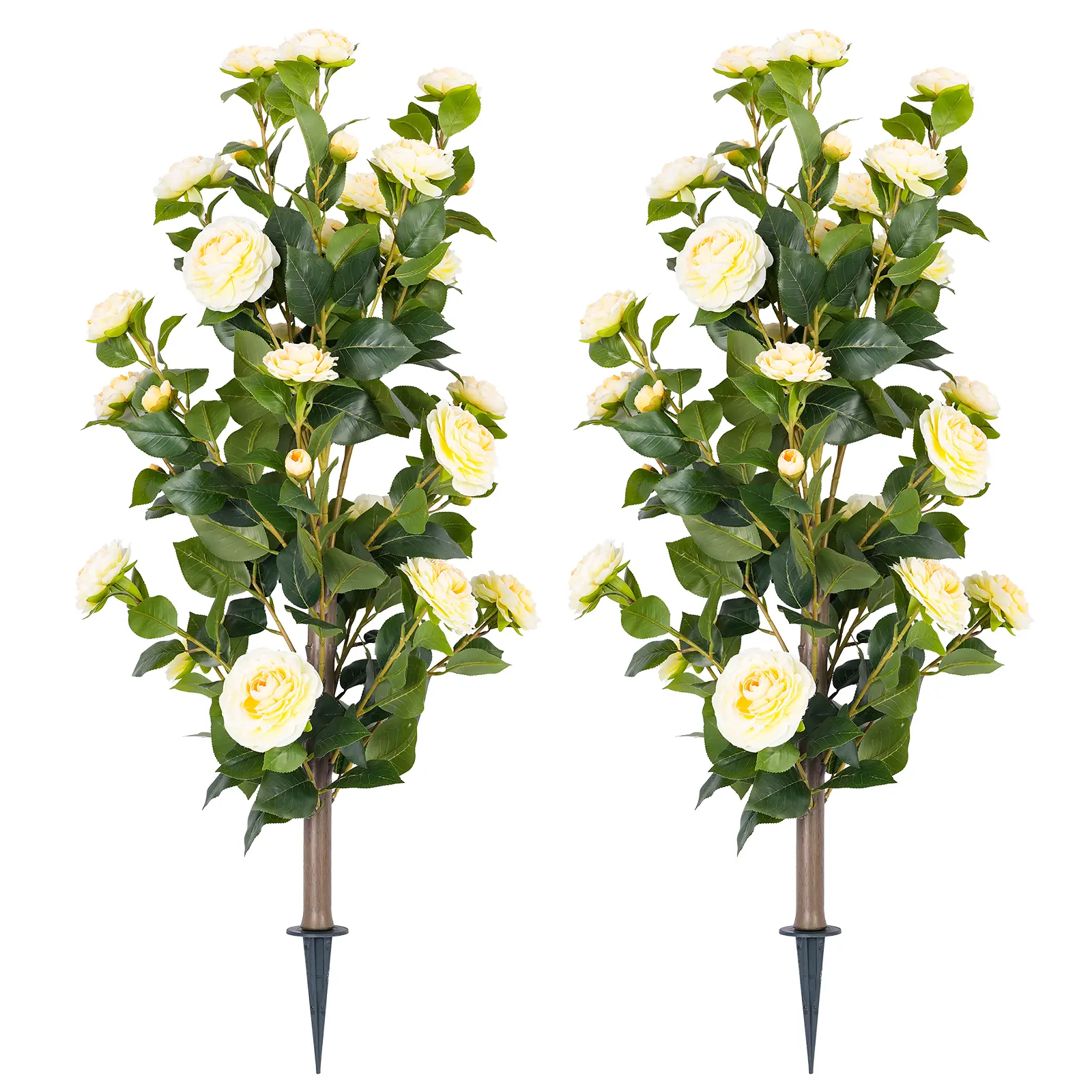 DLD 2-Pack 36" Silk Fabric Artificial Camellia Tree Set with Ground Spike, UV-Resistant Pink Faux Flower Bush, Yellow Option, Box Packaging for Wardrobe, Garage, Study Indoor Outdoor Home Decor