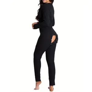 Women’s sleeping romper, Christmas pajamas, long-sleeve V-neck printed loose home clothes with detachable crotch and elastic waistband