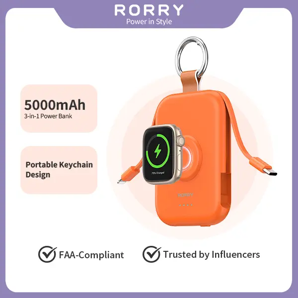 RORRY CharmGo Portable Charger 5000mAh Keychain Power Bank with Integrated Wireless Charging for Apple Watch & iPhone 17-11 Series Compact Travel Friendly Design Perfect Gift, Accessories, Mobile, summerwins