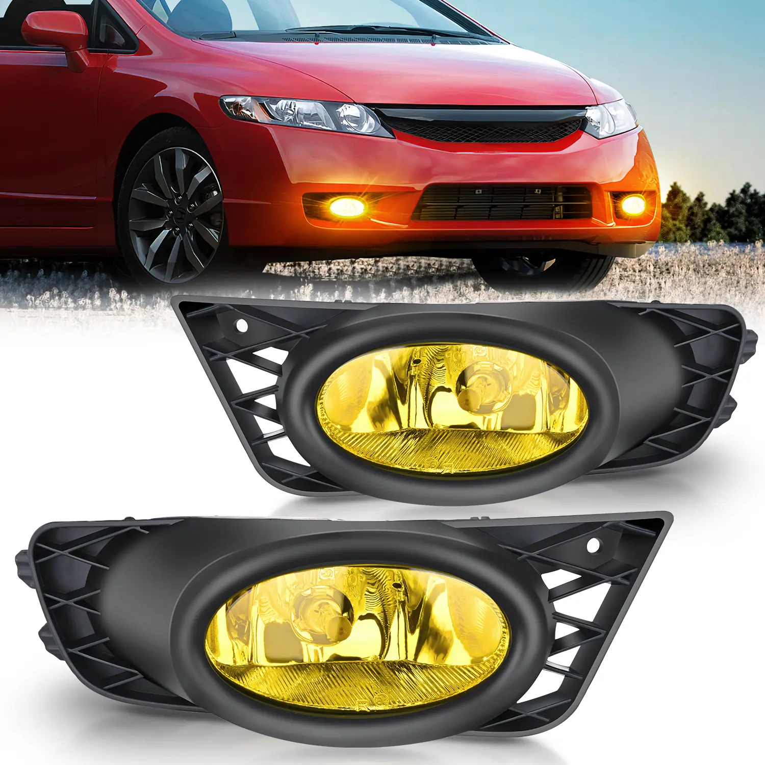 Nilight Pair Set Car Fog Light Assembly with Amber Lens Glass, H11 12V 55W Bulbs, Waterproof, Dustproof, Plug-and-Play Easy-to-Install for 2009-2011 Honda Civic 4-Door Sedan, Penetrating Light for Night Driving